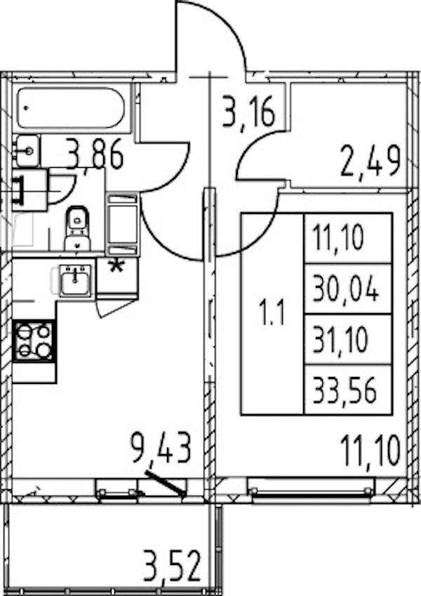 1-комнатная квартира 30.04 м², 6/12 эт., ЖК «Полис ЛАВрики»